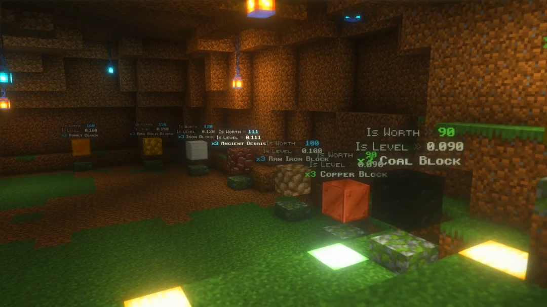 Blocks on display with their island worth and level