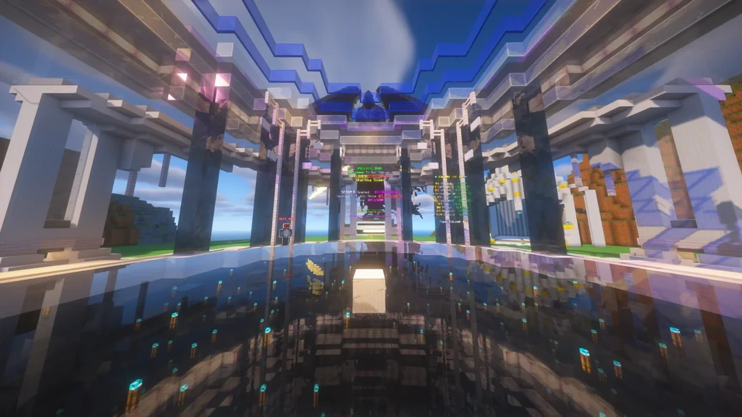 Inside the spawn pavilion, with a reflecting floor