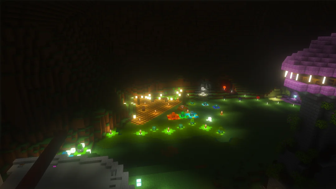 The village at night, lit by lanterns